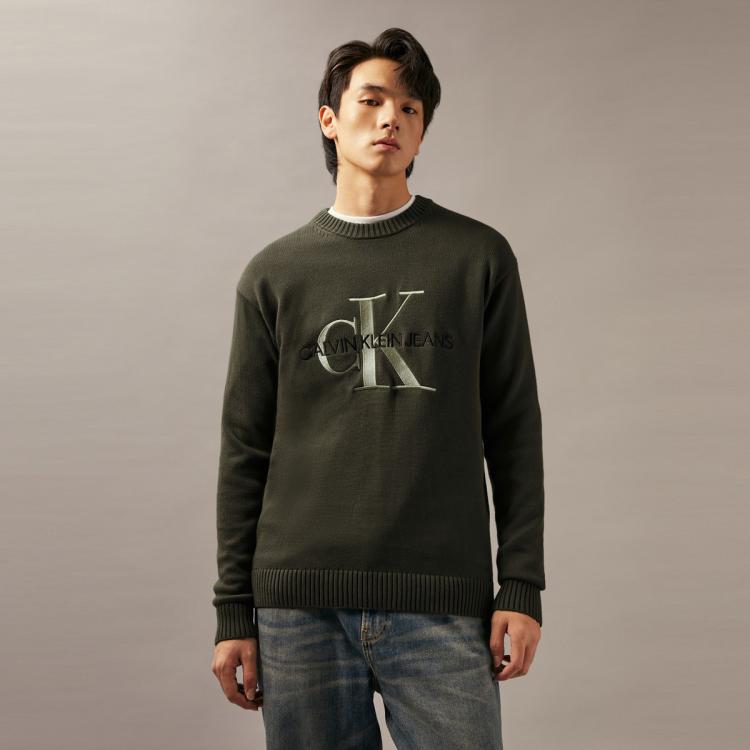 Calvin Klein Ck Jeans秋冬男士时尚醒目交叠刺绣舒适纯棉圆领针织衫zm02100 In Green