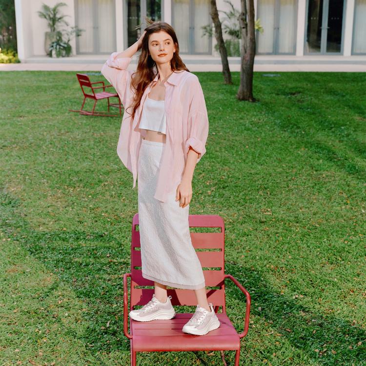 SKECHERS 斯凯奇 【糕糕鞋】蕾丝网面女鞋运动休闲鞋厚底小白鞋女轻薄透气夏季