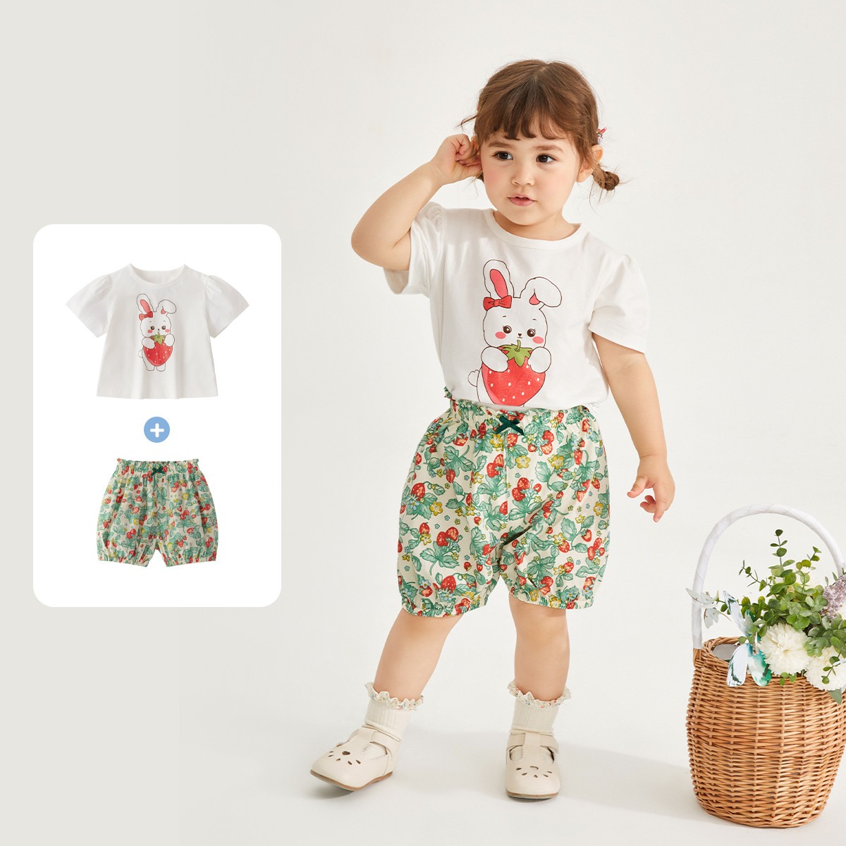 【草莓兔碎花套装】夏季童装女童宝宝短袖T恤花苞裤子