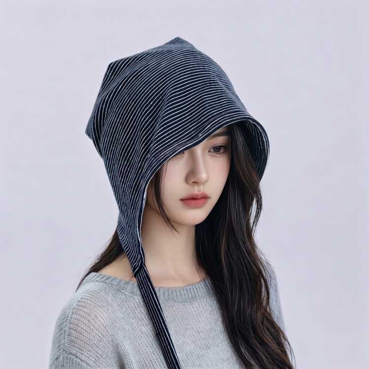 上海故事 条纹遮脸绑带堆堆帽子女2026春秋韩版百搭显脸小护耳帽包头帽