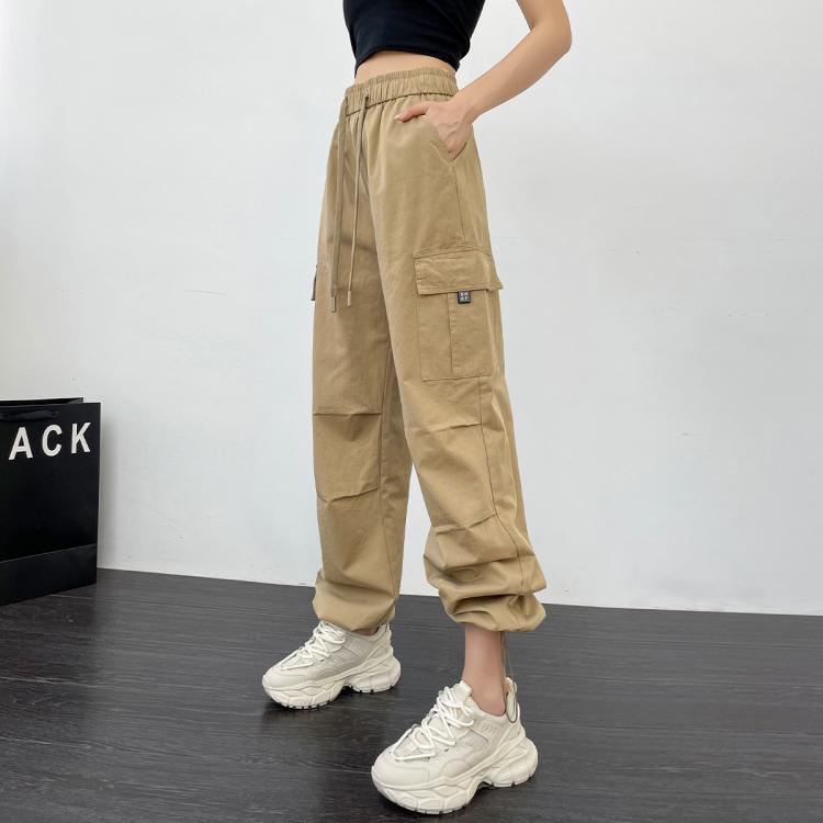 町缇 【纯棉工装裤】美式复古运动裤女春秋高腰百搭抽绳束脚两穿休闲裤