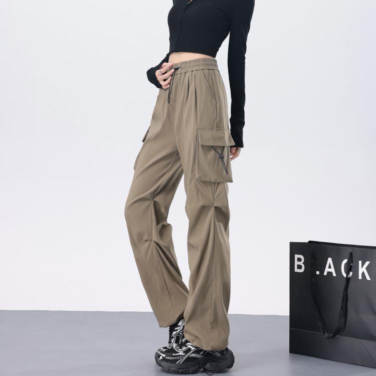町缇 【多裤长】美式窄版工装裤女款春秋高腰抽绳两穿可束脚直筒运动裤