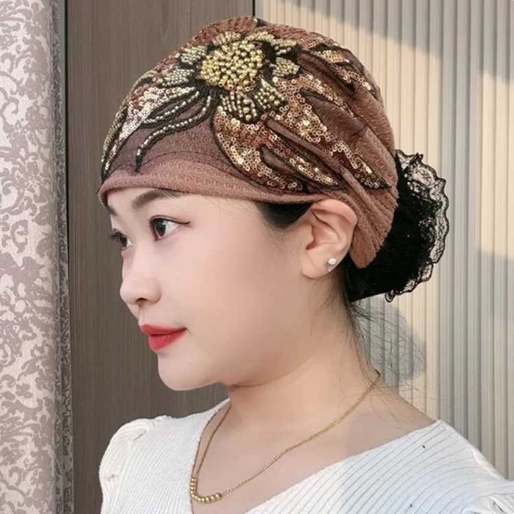 533 凤尾太阳花包头帽时尚洋气蕾丝花头巾帽盘发遮白发帽子女遮白头发