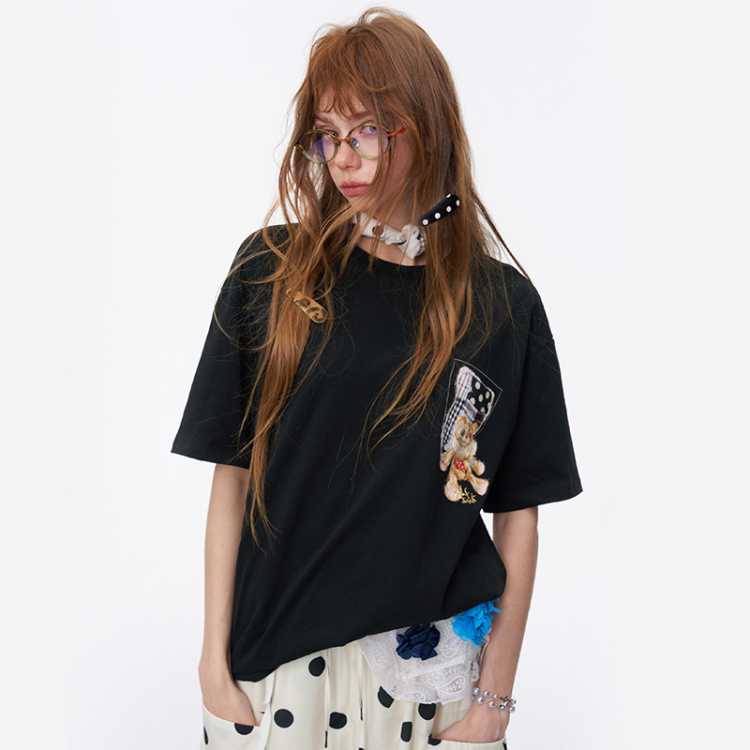 妖精的口袋 【脱缰的淑女】26夏季新款撞色拼接印花插肩袖T恤百搭短袖t恤