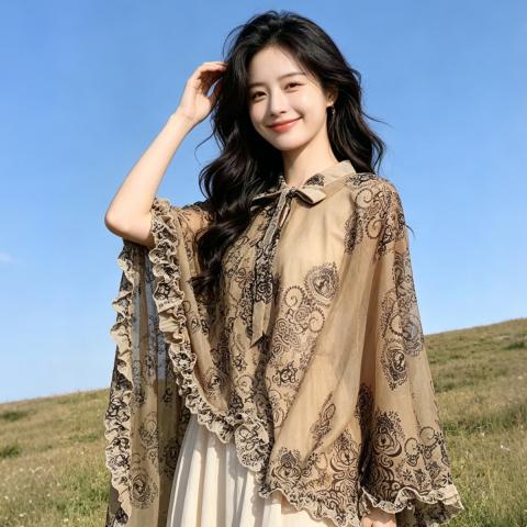 诺米美物 春夏气质出行百搭印花披肩高级感出行外搭遮阳防风斗篷护肩护颈 图片 4