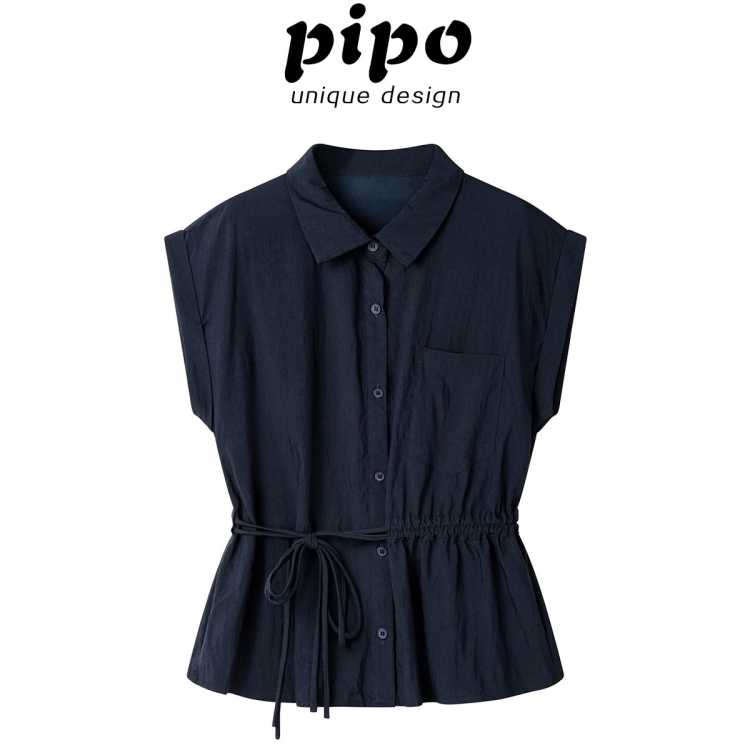 PIPO 气质复古韩系衬衫2026夏季女式高级感Polo领抽绳褶皱上衣