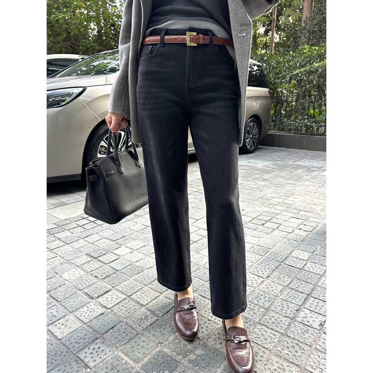 LE ALFASHIONLINE 烟管裤女2026秋季穿搭黑色宽松休闲显瘦九分直筒牛仔裤