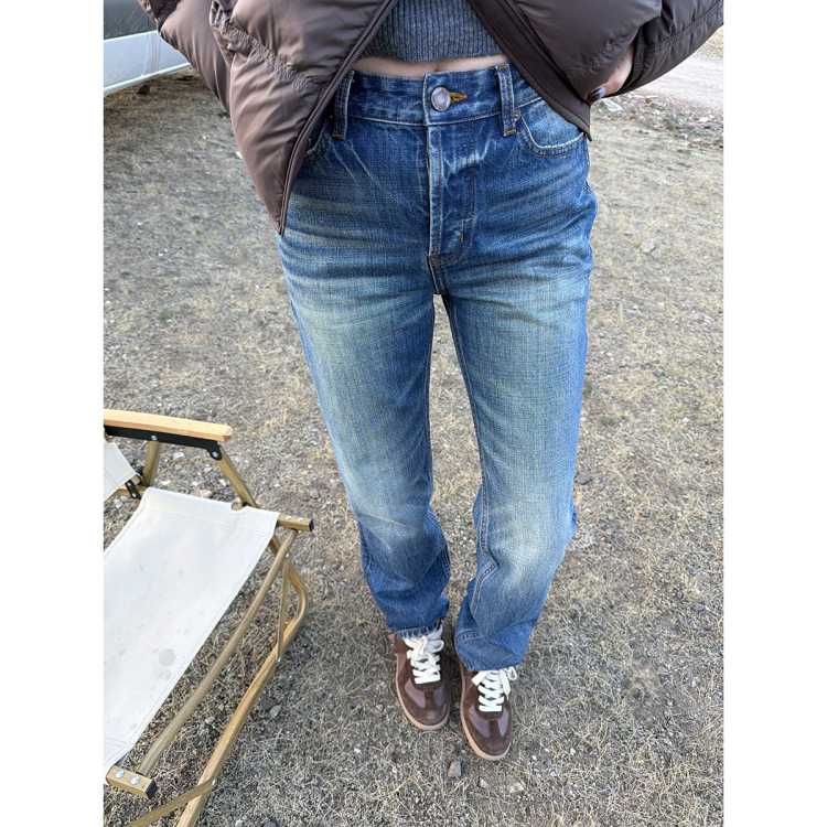 LE ALFASHIONLINE 牛仔裤女2026秋季韩系复古做旧水洗蓝色纯棉窄版直筒长裤