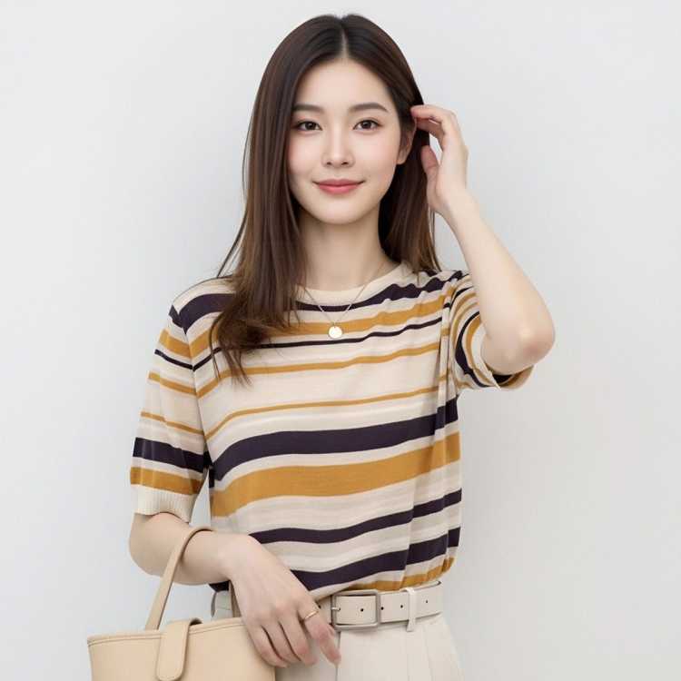 缇沐 复古设计拼色条纹短袖针织衫女宽松时尚洋气百搭休闲上衣