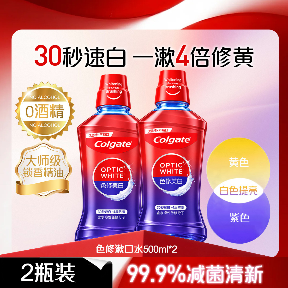 高露洁 色修漱口水防蛀健齿正畸含氟去异味口臭清新口气0酒精杀菌再矿化