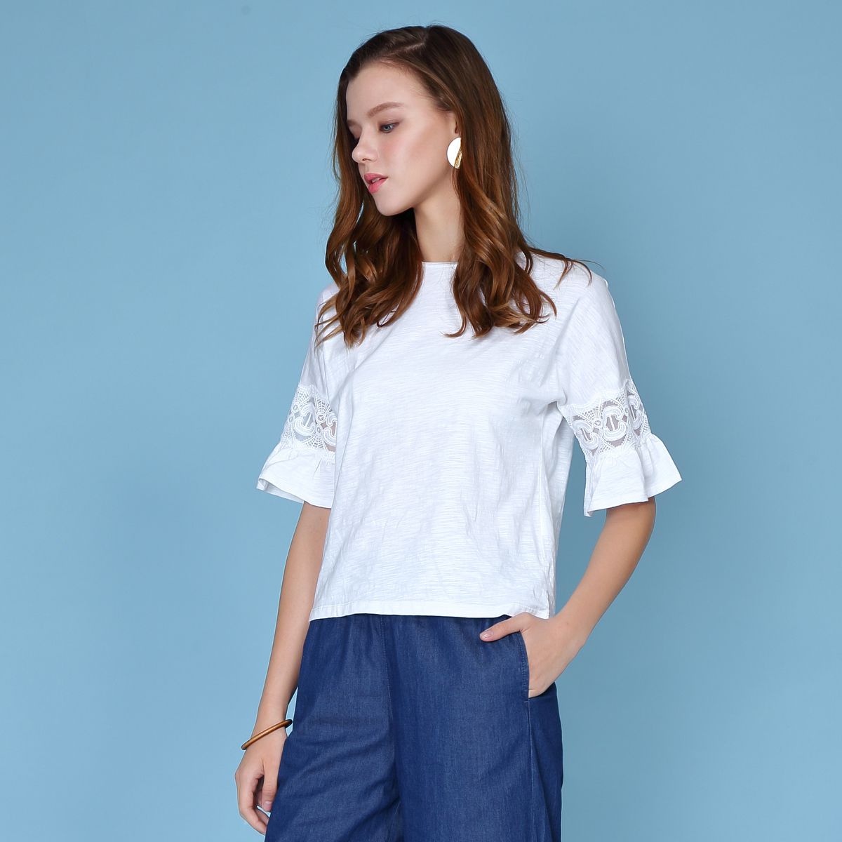 堡狮龙女装专场 堡狮龙18春夏新款女装清新上衣宽松蕾丝中袖t恤女