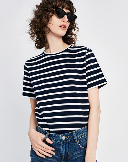 舒适全棉简约粗横条纹短袖t恤