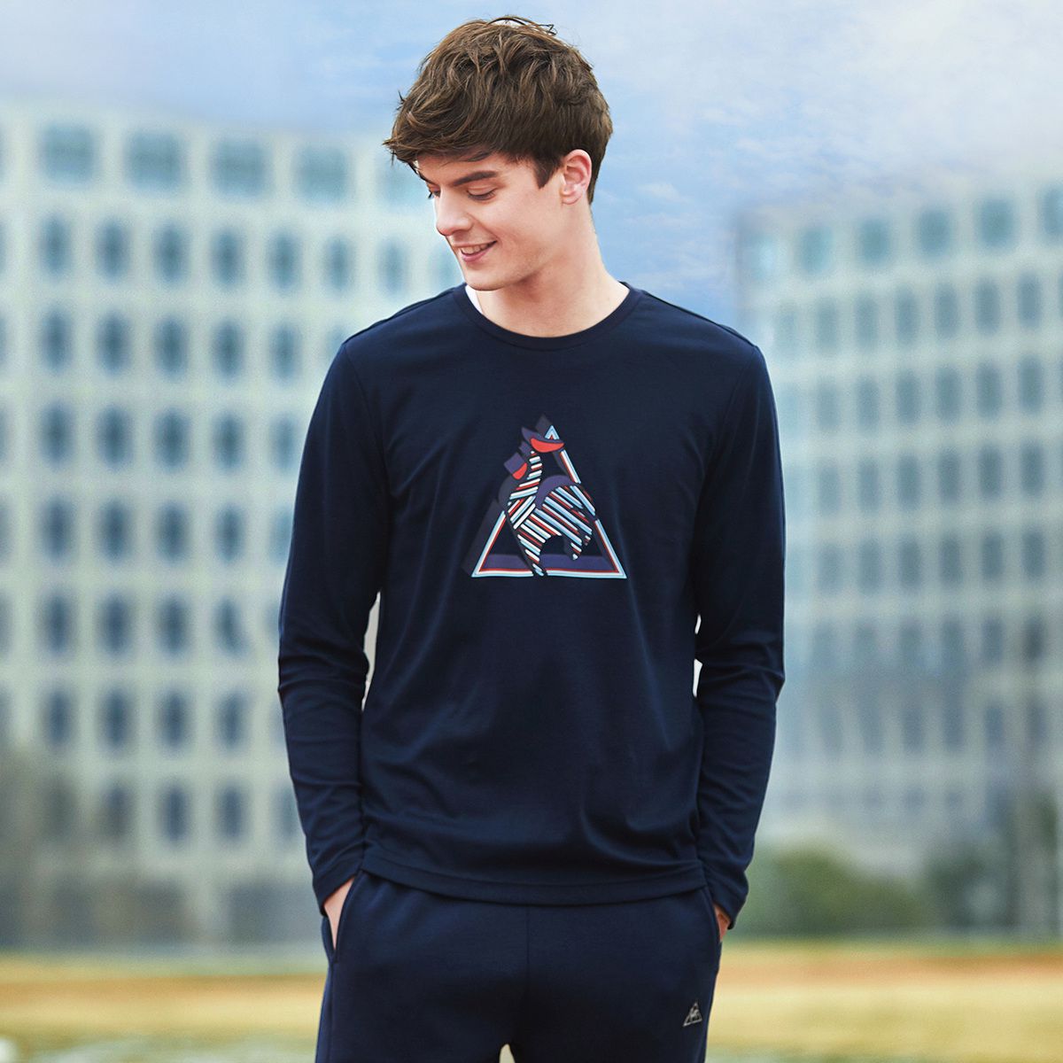 乐卡克法国公鸡印花纯棉长袖运动t恤男