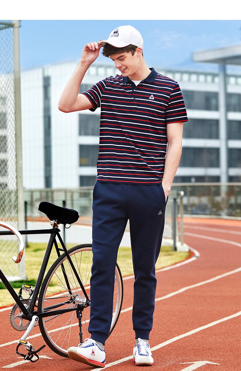 乐卡克法国公鸡纯棉透气条纹短袖polo衫男