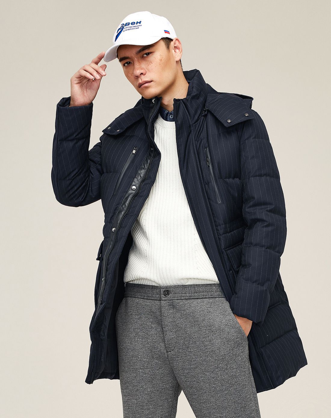 冬装反季-gxg男装特惠专场 冬季新款男款斯文时尚条纹连帽保暖长款