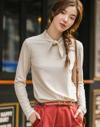 2018秋装新款纯色立领休闲百搭长袖t恤上衣女