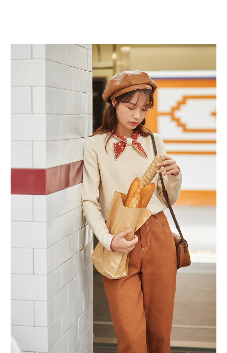 2021春新女款甜美浪漫系带波点领结撞色长袖套头毛衣针织上衣