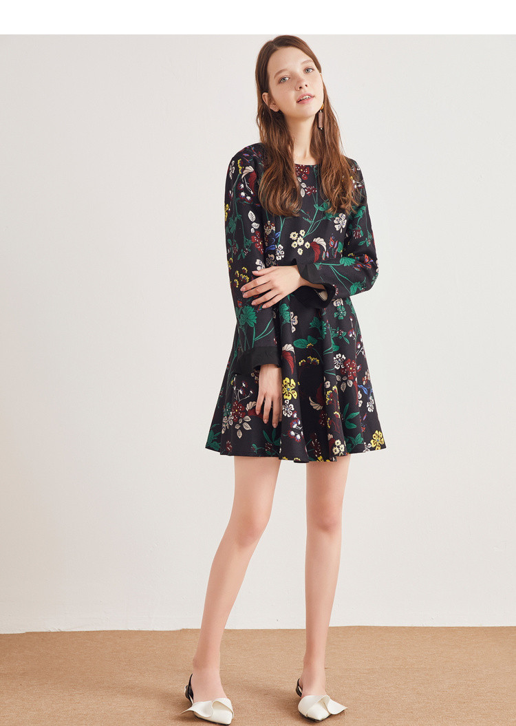 伊人简约气质印花a字裙花边袖连衣裙裙子女17410bf023024020_唯品会