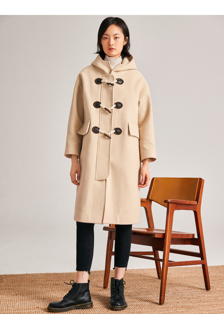 2018冬新品牛角扣连帽落肩中长款毛呢大衣外套女