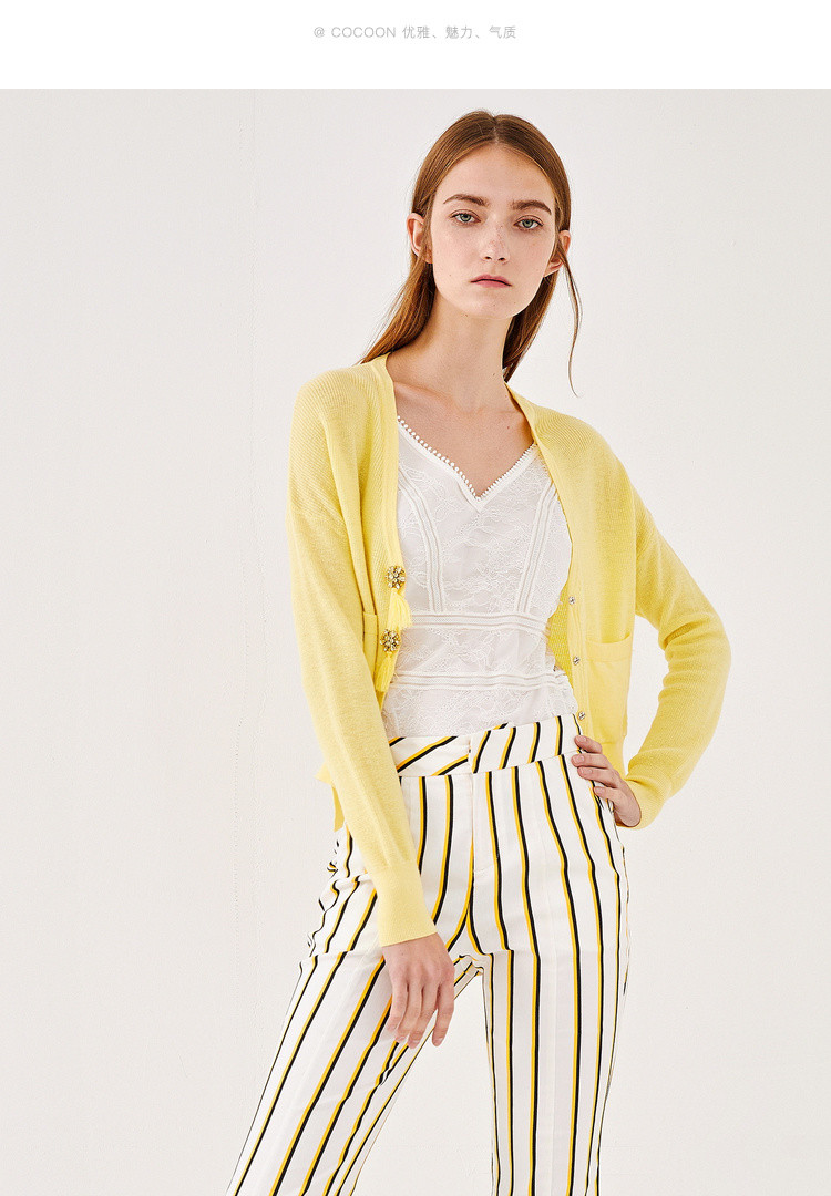 cocoon2019春秋装女装v领单排扣短款100%羊毛针织开衫