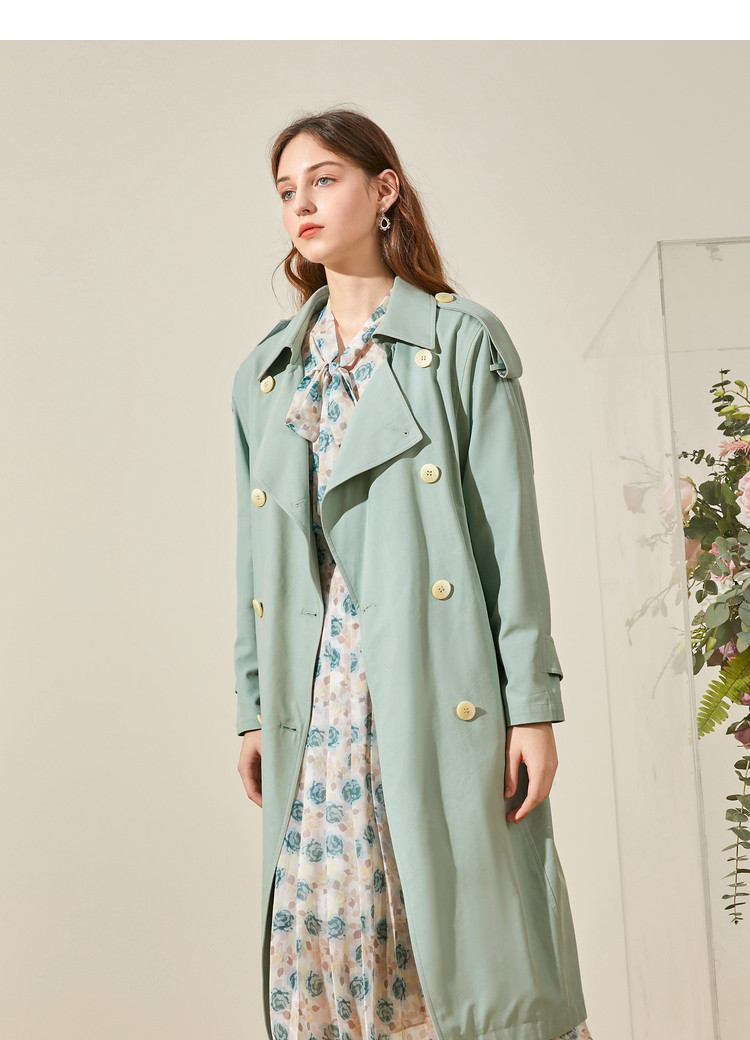 2020秋季新款大翻领双排扣宽松长款腰带天丝棉风衣外套