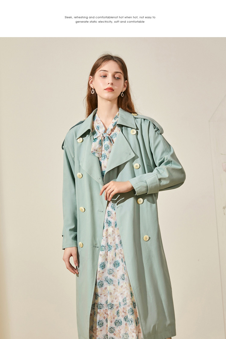 2020秋季新款大翻领双排扣宽松长款腰带天丝棉风衣外套