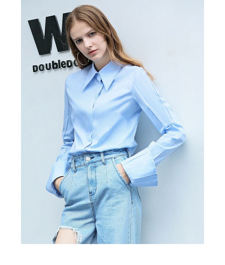 amii极简气质尖领喇叭长袖衬衫女2018秋新款暗门襟直筒衬衫