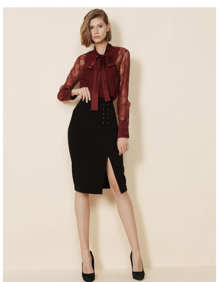 恩曼琳anmani女装专场 恩曼琳anmani 18秋新品蝴蝶结系带针织拼接花纹