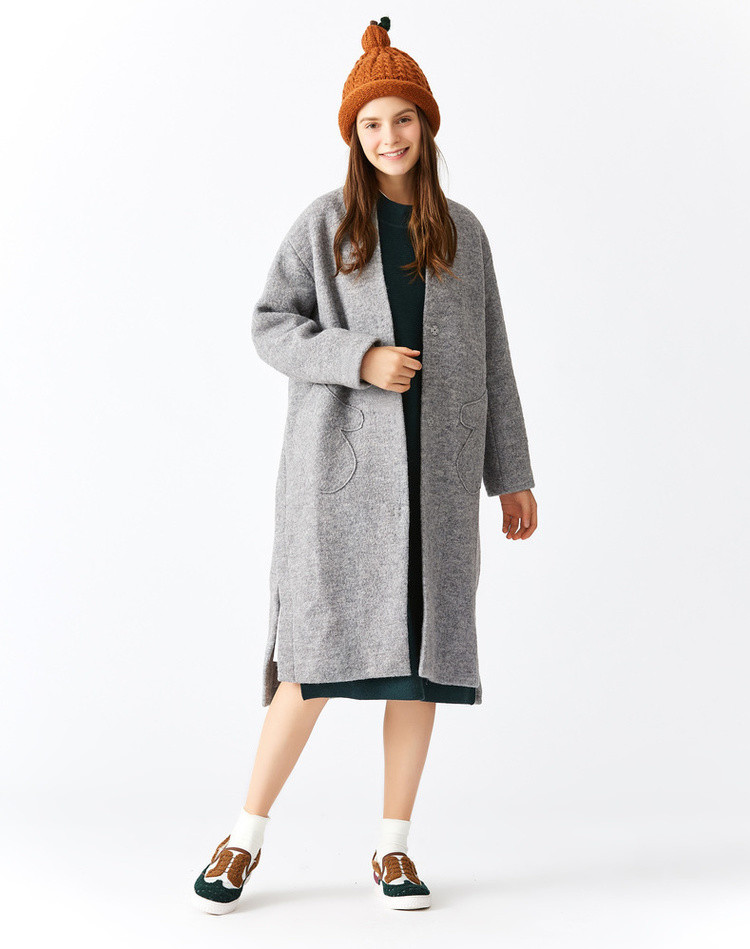 冬装女款 宽松长款贴袋羊毛呢大衣