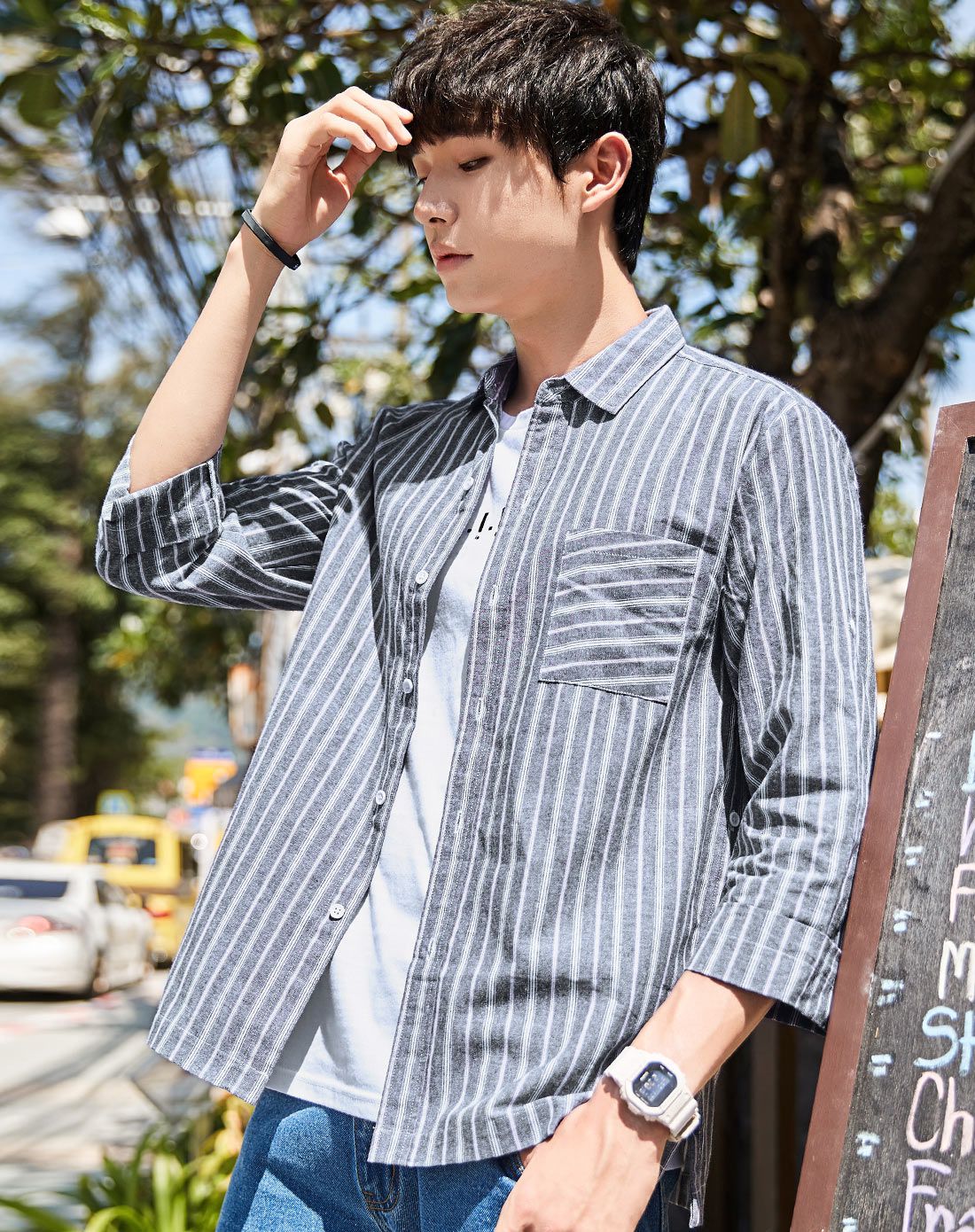 手慢无-衣品天成春夏新品购2018春夏装新款衬衫男生潮流韩版七分袖