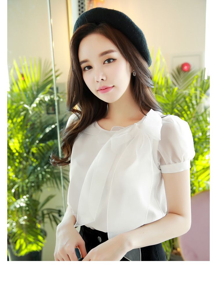 粉红大布娃娃夏装新款女装时尚泡泡袖网纱蝴蝶结短袖雪纺衬衫