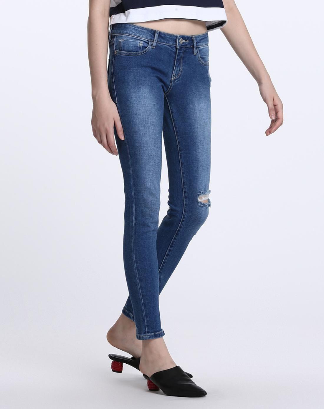 棉质低腰破洞超紧身牛仔长裤