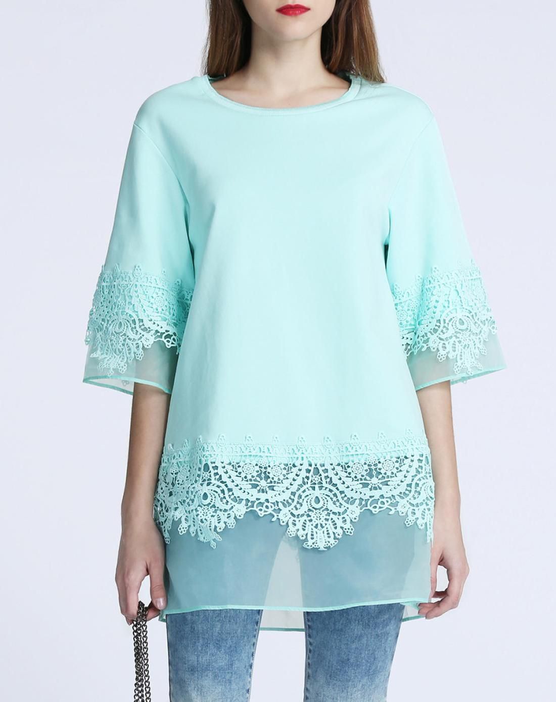 纯色绣花拼接中长款中袖t恤