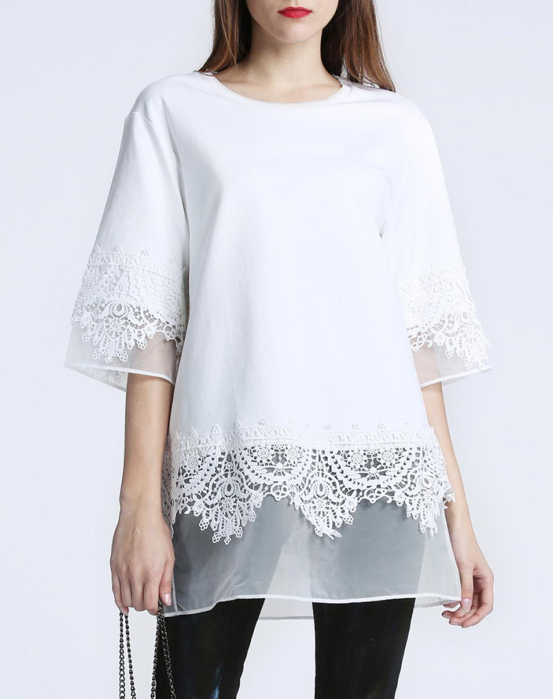 纯色绣花拼接中长款中袖t恤