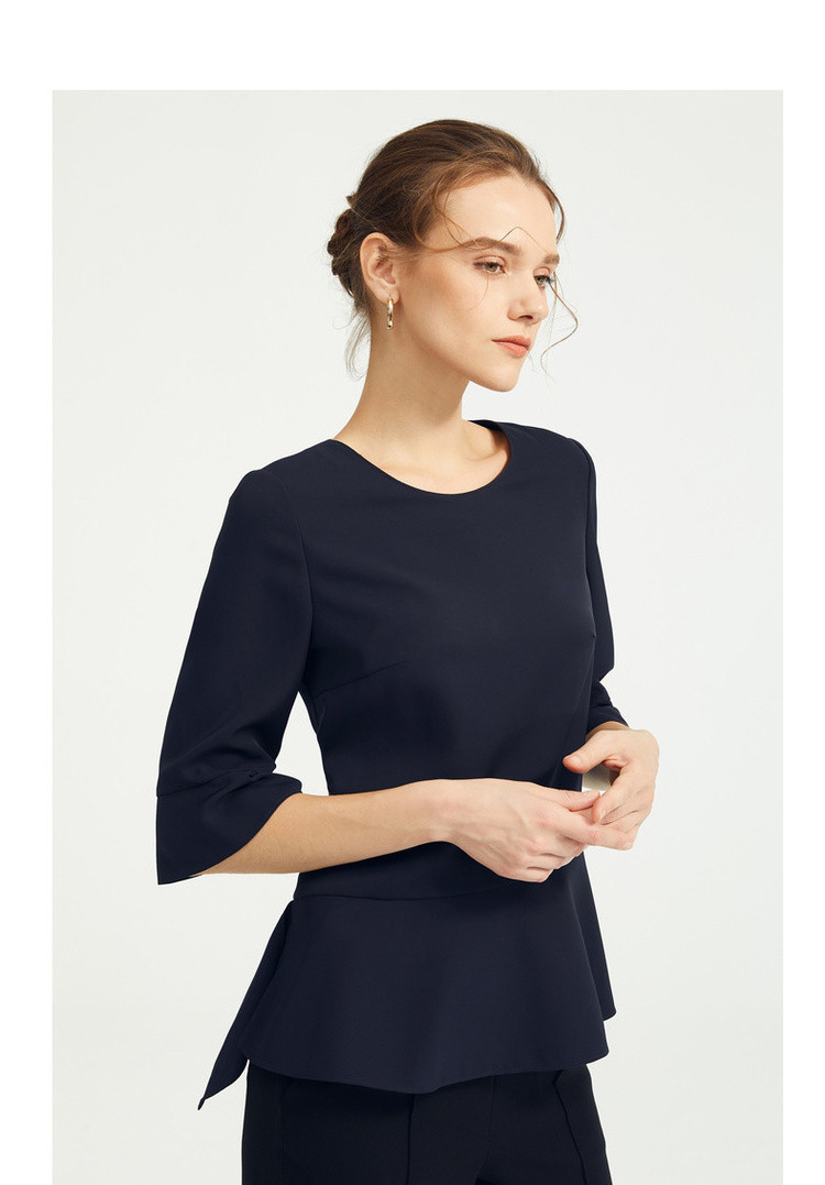 朗姿lancy 高端线俪雅2019秋季不对称舒适五分袖衬衫 藏蓝色 s