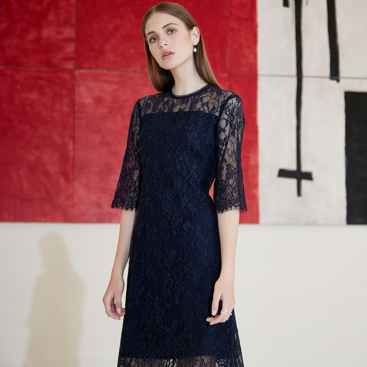 朗姿lancy女装特卖旗舰店 朗姿 时尚轻薄蕾丝气质连衣裙五分袖透视