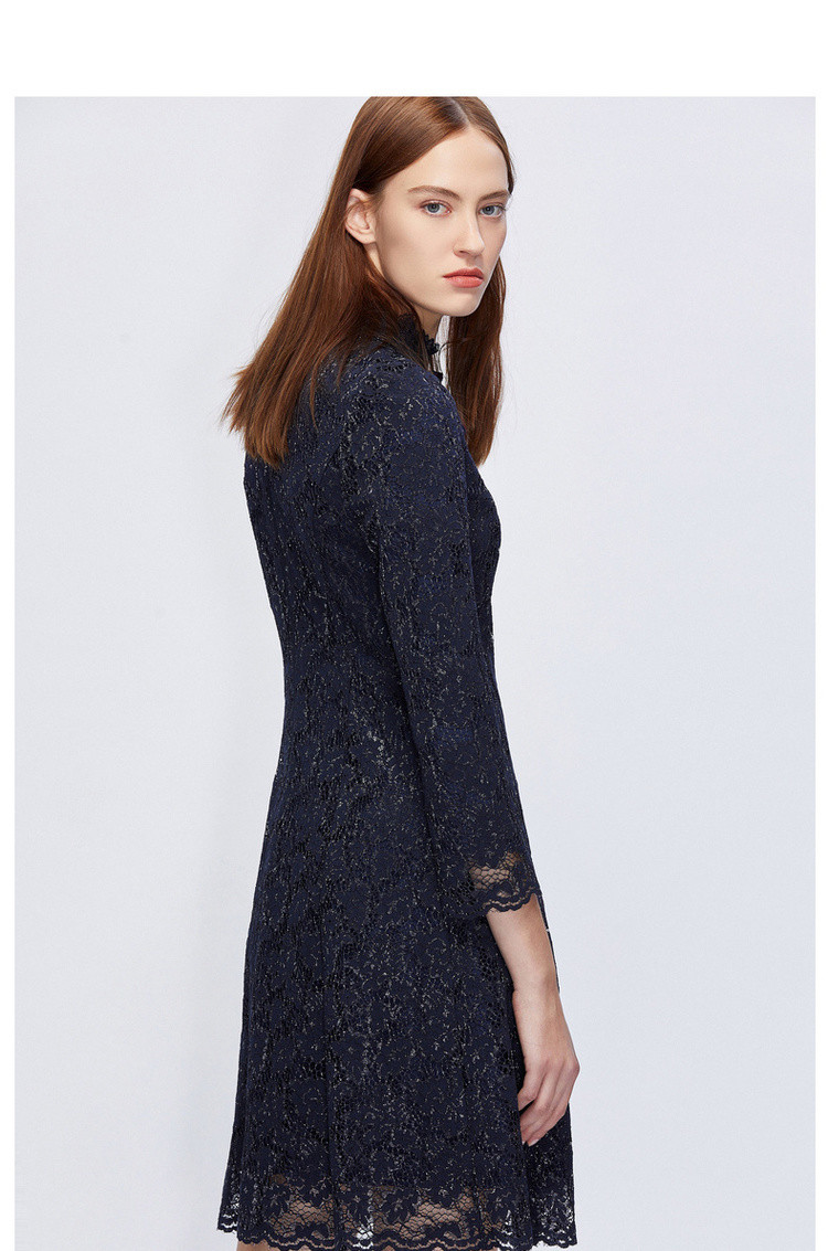 朗姿秋冬女装2019年新款气质圆领高腰性感修身蕾丝a字长袖连衣裙