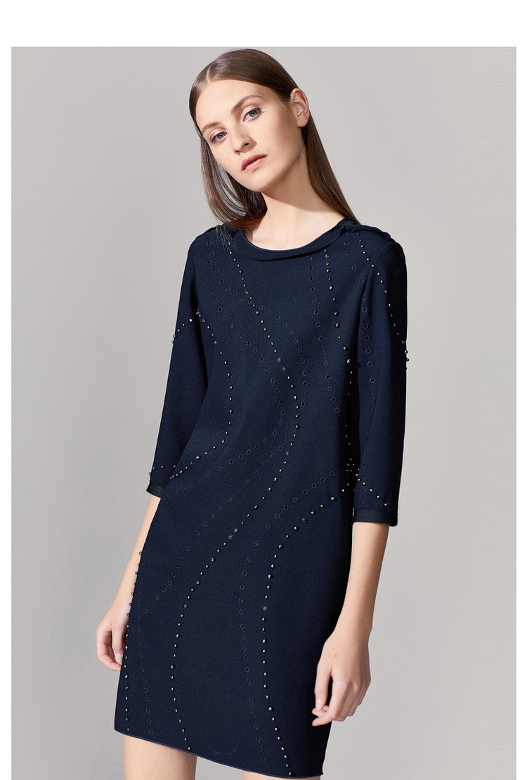 朗姿高端线俪雅七分袖纯色装饰百搭连衣裙