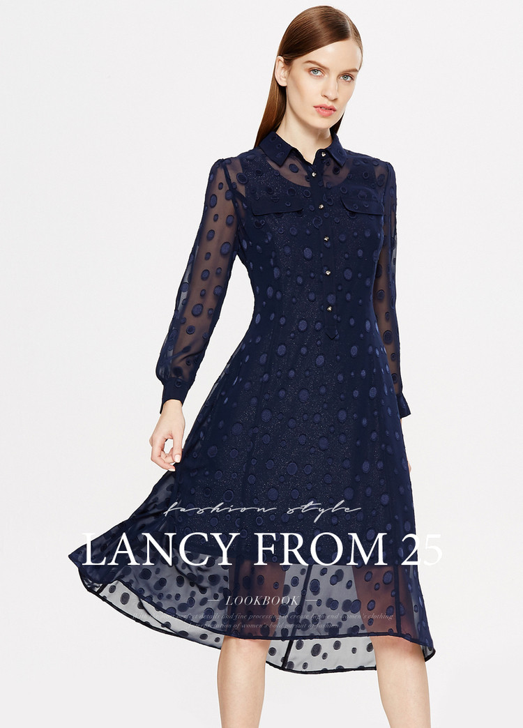 lancy朗姿春秋季透视长款时尚连衣裙