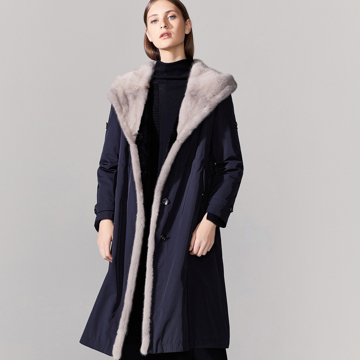 朗姿冬季时尚兔毛水貂毛内里百搭连帽派克服