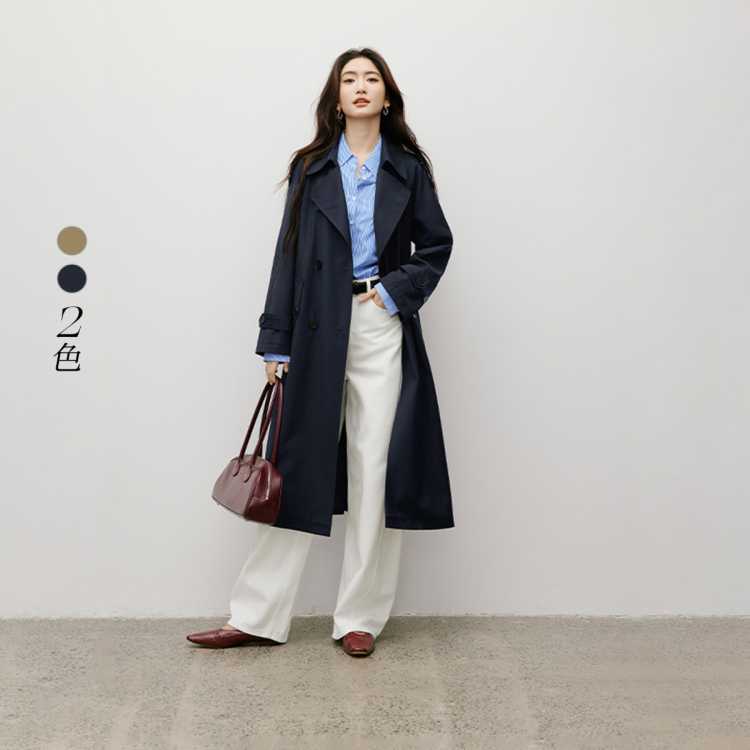 红袖 秋季女装英伦风系带双排扣插肩袖翻驳领风衣外