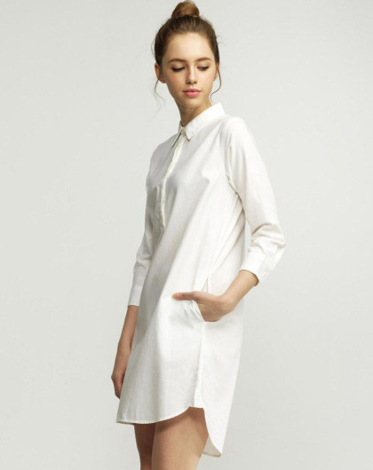雪白色 牛津纺纯棉半开襟翻领长袖衬衫连衣裙