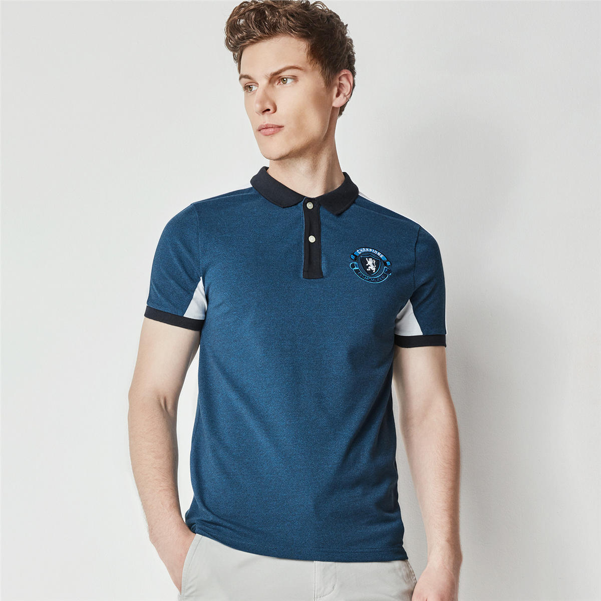 雪花深鲸鱼蓝/标志白色 蓝白撞色刺绣修身弹力珠地布男士短袖polo衫
