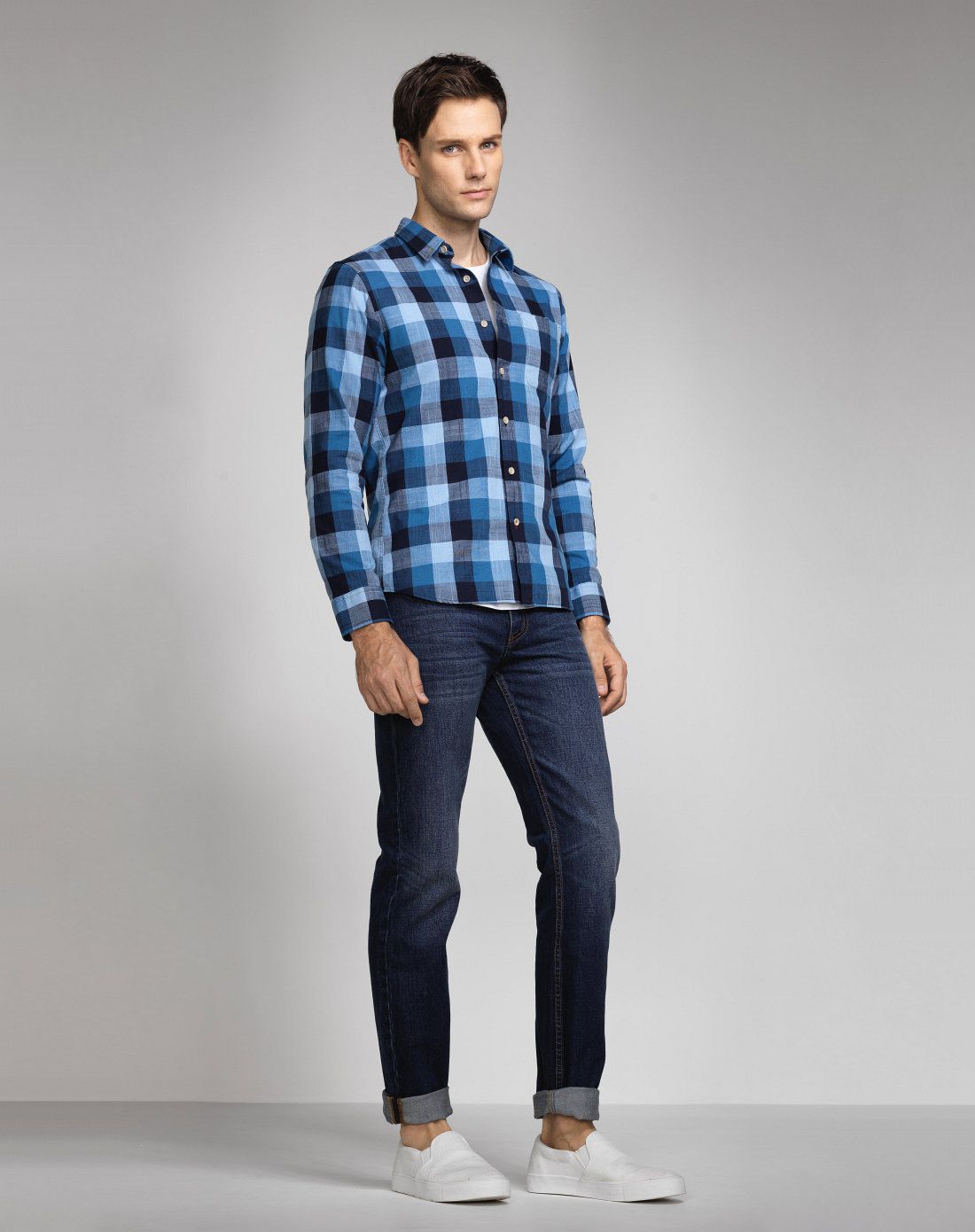 蓝/浅蓝格子 英伦风格子纹纯棉长袖衬衫