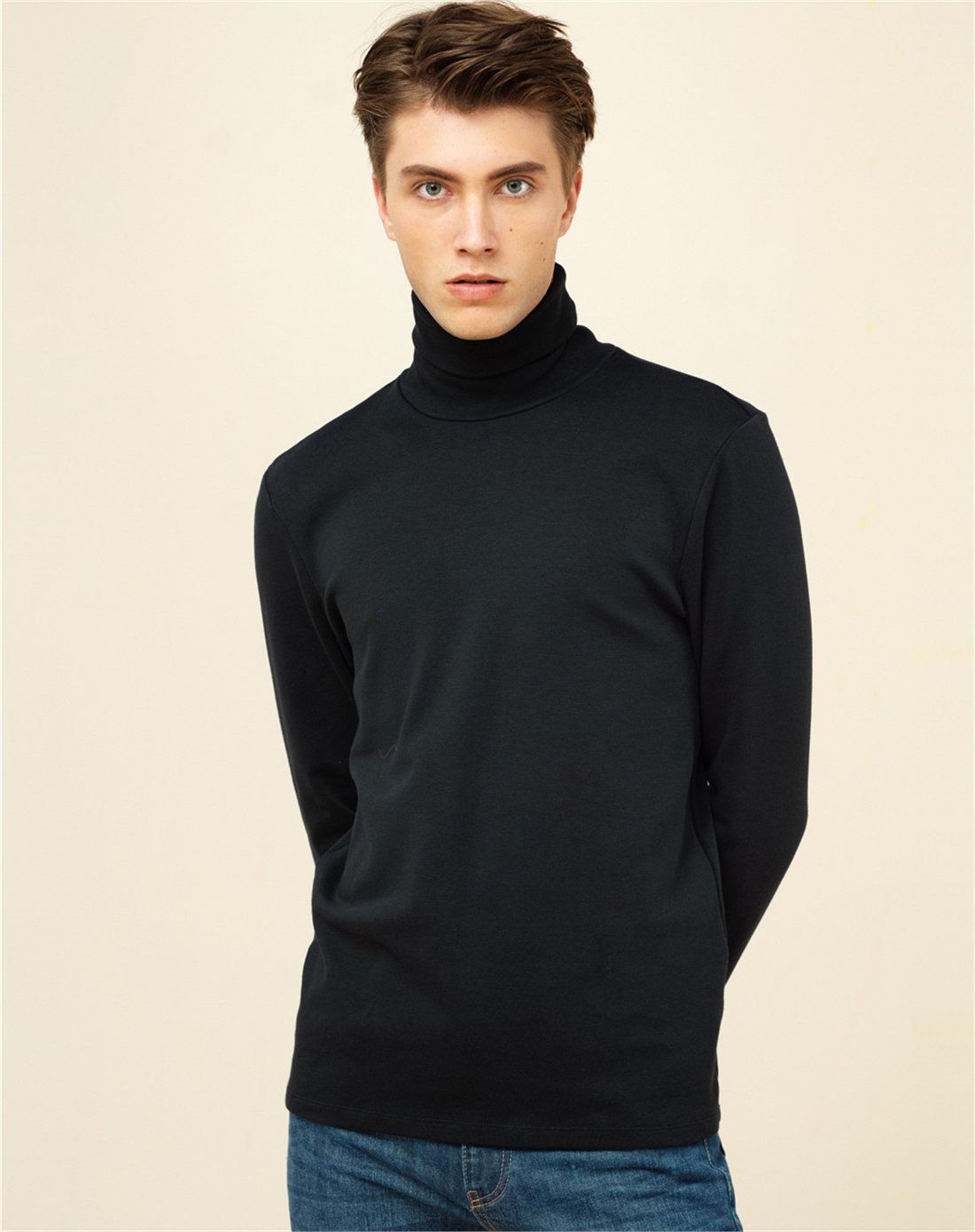 标志黑色 厚实纯色弹力棉长袖高领t恤