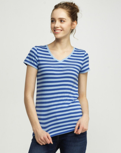 蓝铃/深蓝色 简约拼色条纹v领短袖t恤