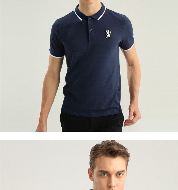 狮王刺绣弹力珠地布修身男士短袖polo