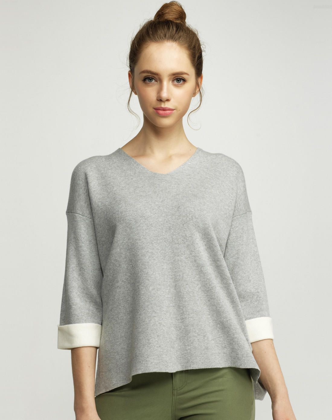 中花灰色 精梳纯棉前短后长拼色反袖中袖针织衫