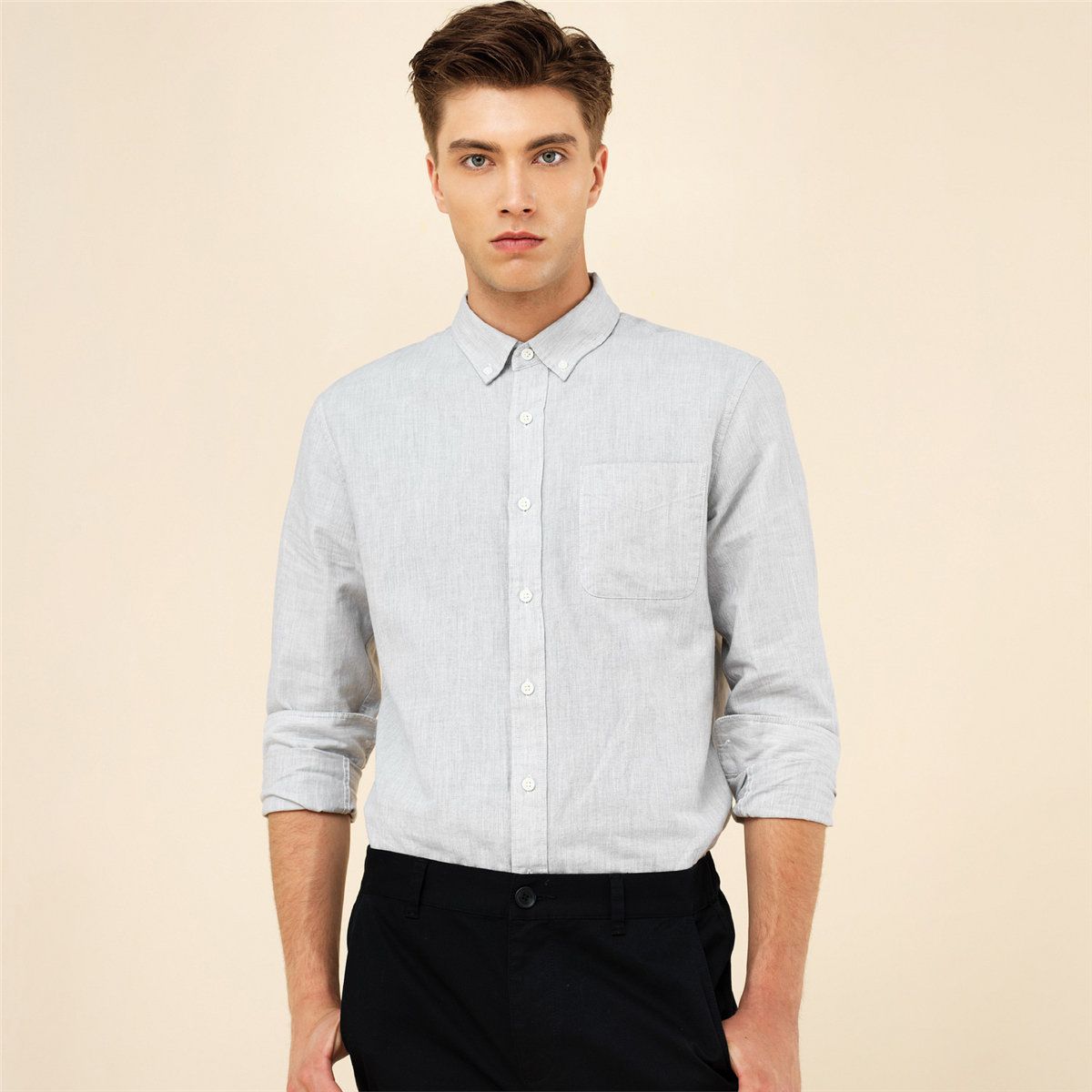 2018年新品 佐丹奴 中花灰色 牛津纺纯棉单标袋修身长袖休闲衬衫男士