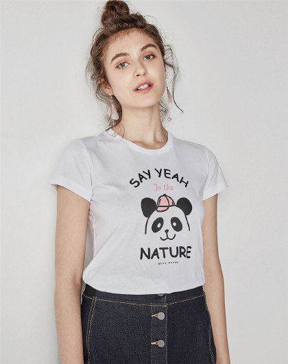 2018年新品 佐丹奴 标志白色 熊猫系列印花短袖t恤女款
